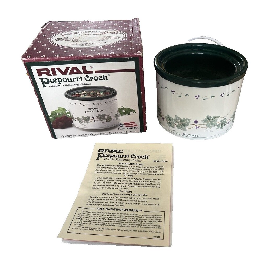 Vintage Rival Potpourri Crock Model 3206 Electric Simmer Pot White Green Ivy